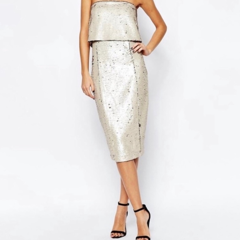 LAVISH ALICE- gold strapless sequin dress